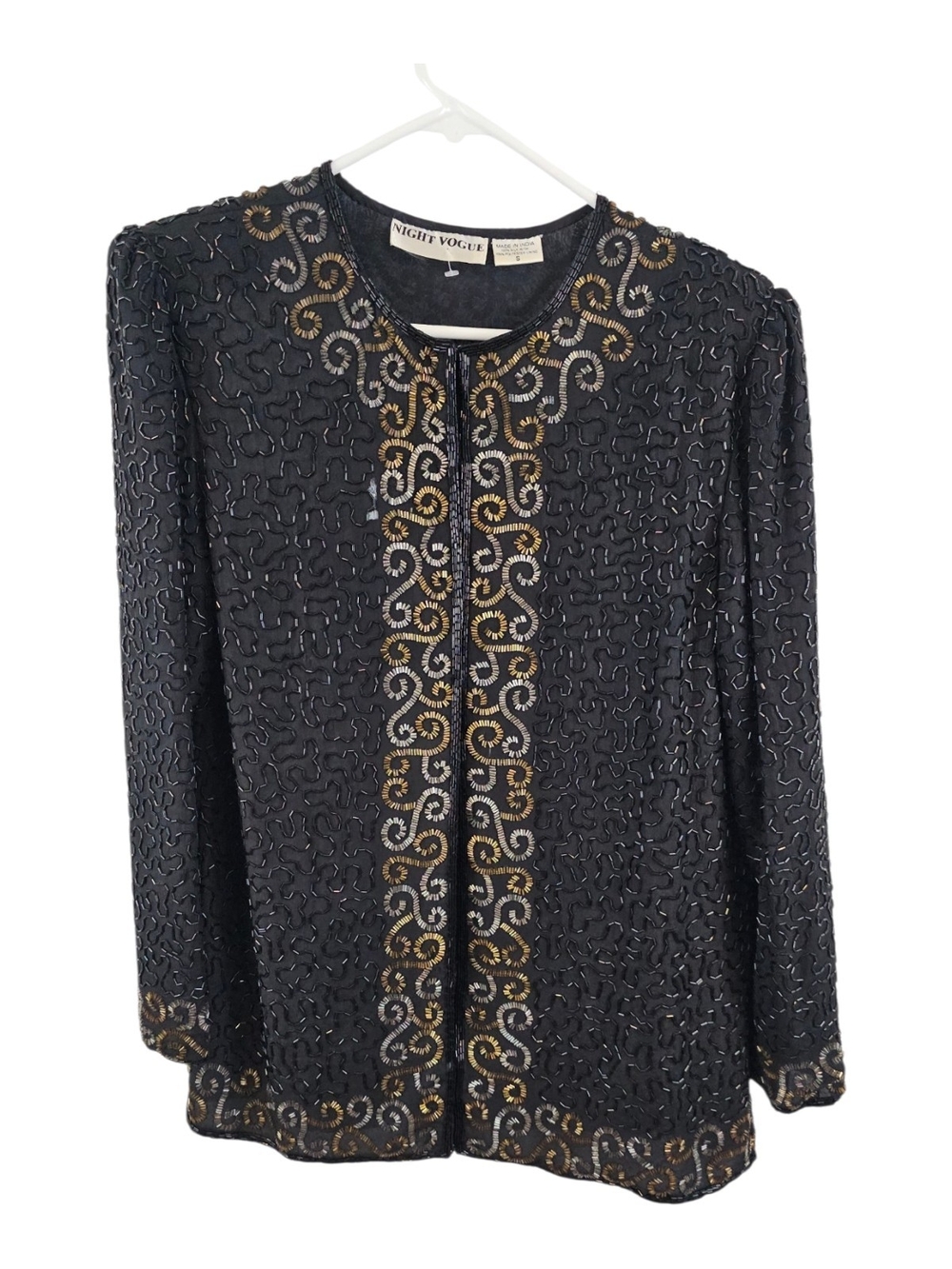 Vintage Night Vogue Size S Black Beaded Jacket Top with Gold Accent 100% Silk